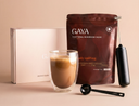 Gaya Functional Mushroom Cacao package with a frother and a spoon