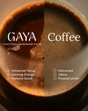 Comparison graphic showing GAYA Functional Mushroom Blend alongside coffee, contrasting the two